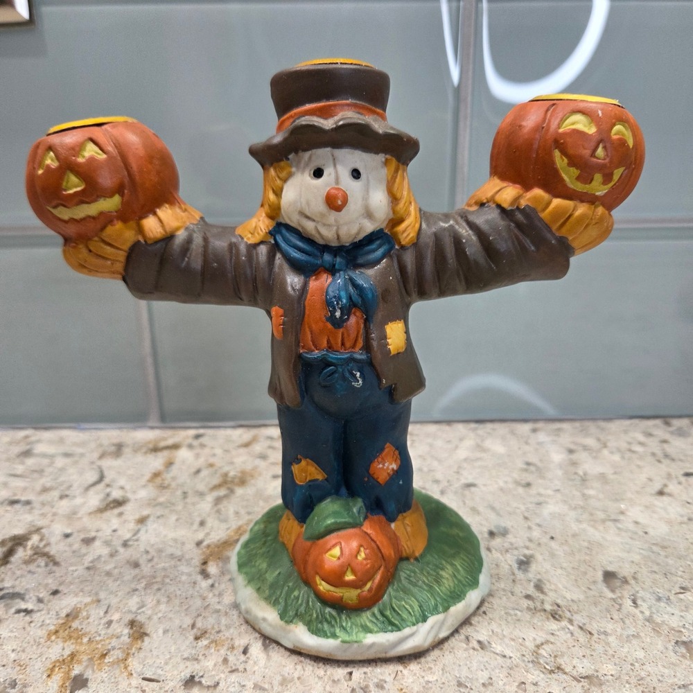 Vintage Scarecrow Porcelain Taper Candle Holder Halloween Fall Decor ABC